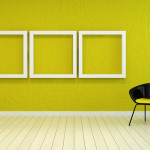 3D Rendering of Colorful modern art gallery interior with three empty white wooden picture frames on